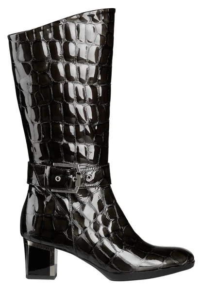 Блестящая чёрная ботинок из лакированной кожи с высокими каблуками — стоковое фото