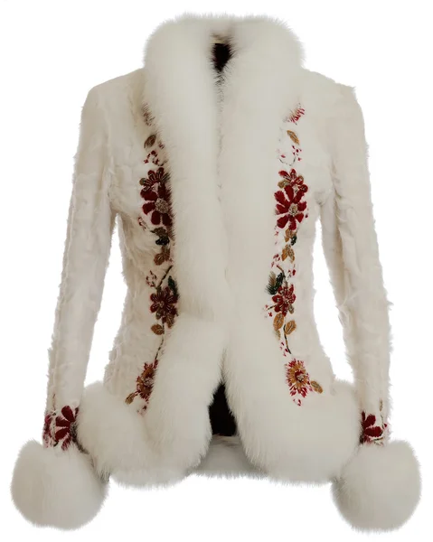 Fur coat white with an embroidery — Stock Photo, Image