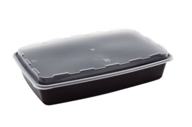 Düz, plastik, beyaz zemin üzerinde şeffaf kapağı olan siyah kap