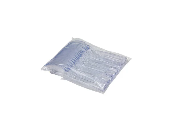 Plástico Transparente Colheres Descartáveis Sobre Fundo Branco — Fotografia de Stock