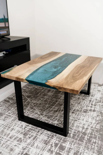 New Table Interior House Made Natural Wood Epoxy Resin — Stock Photo, Image