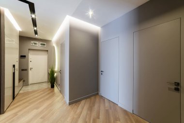 Gri duvarları ve kapalı kapıları olan evin iç tasarımı.