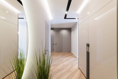 Evin iç tasarımı çok parlak. Eve giriyoruz. ışık duvarları