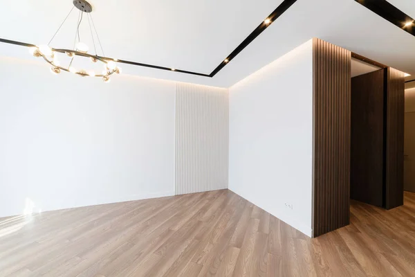 Habitación Interior Blanca Con Lámpara Iluminación Negra Suelo Madera — Foto de Stock