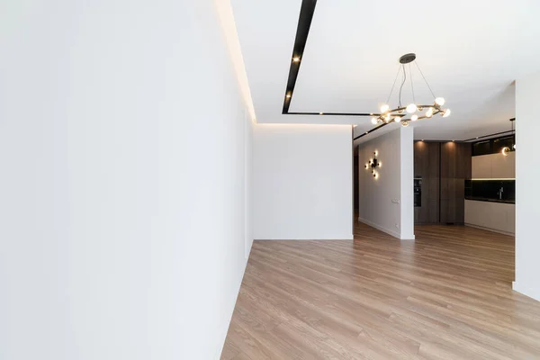 Intérieur Chambre Blanche Avec Plancher Bois Lampe Sombre Rétro Éclairage — Photo