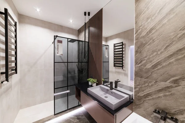 Duş ve cam duvarlarla dolu parlak bir banyo.