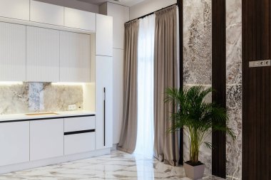 Geniş pencereli ve ahşap kaplamalı beyaz bir mutfağın modern iç mimarisi.