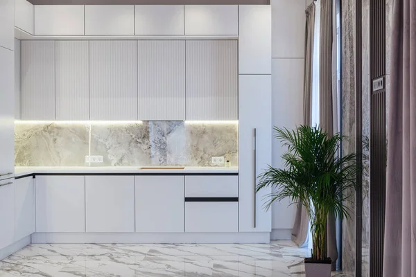 Diseño Una Amplia Cocina Blanca Con Azulejos Nuevo Interior —  Fotos de Stock