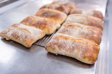 Un serpilmiş bir tabakta taze pişmiş rustik ekmek.