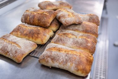 Un serpilmiş bir tabakta taze pişmiş rustik ekmek.