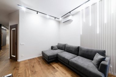 Tüm aile ve arkadaşlar için modern yumuşak kanepe. Beyaz Geniş Oda