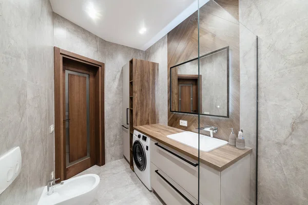 Stylový Moderní Design Interiéru Koupelny Nábytkem Zrcadlem — Stock fotografie