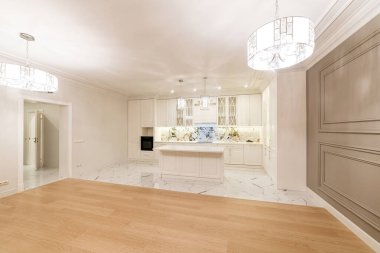 Mutfak stüdyosunun parlak iç mimarisi çevrimiçi ev tarzında.