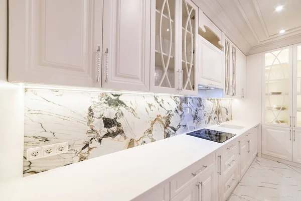 White Kitchen New House White Countertop Backlit Appliances —  Fotos de Stock