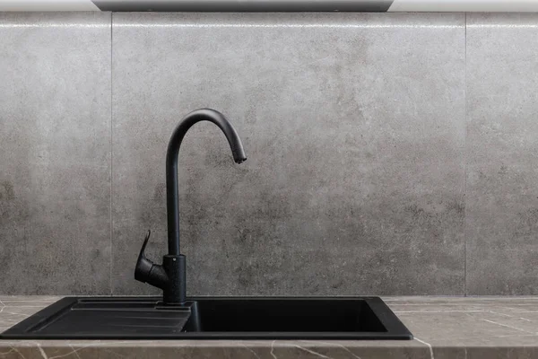 Marble Black Sink Metal Black Screen Water Kitchen — Stock Photo, Image