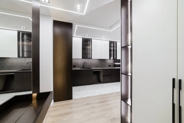 Interior Koridor Bergaya Dengan Pakaian Dan Dapur Studio — Stok Foto