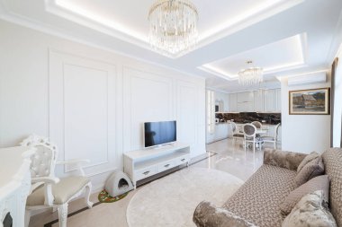 Kanepesi ve televizyonu olan büyük bir odanın modern iç tasarımı.