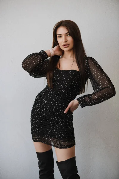 Young Girl Black Dress Posing White Background — 스톡 사진