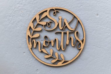 Çocukları fotoğraflamak için gri arka planda uyduları olan açık renkli ahşap bir çember. Altı ay.