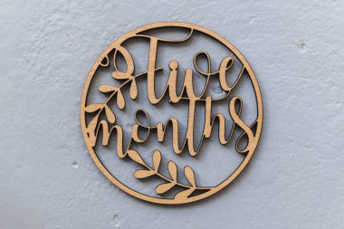 Çocukları fotoğraflamak için gri arka planda uyduları olan açık renkli ahşap bir çember. beş ay.