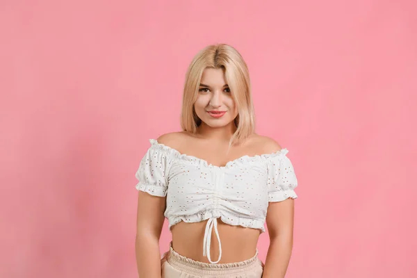 Girl White Clothes Pink Background Poses Different Emotions — Stok fotoğraf