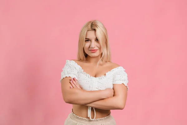 Girl White Clothes Pink Background Poses Different Emotions — Stok fotoğraf