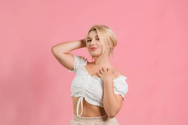 Girl White Clothes Pink Background Poses Different Emotions — Photo