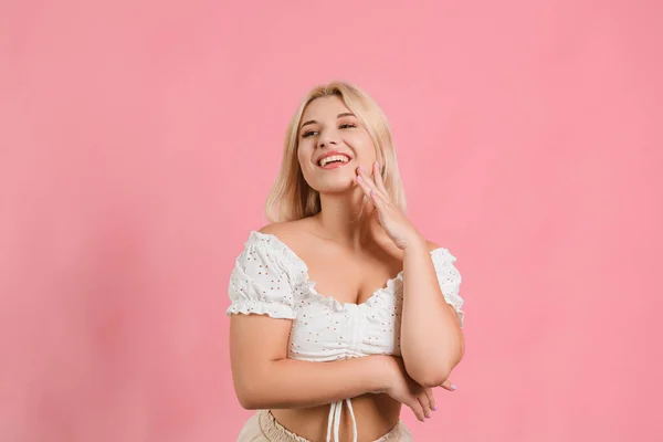 Girl White Clothes Pink Background Poses Different Emotions - Stock-foto