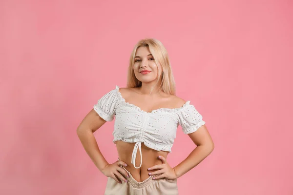 Girl White Clothes Pink Background Poses Different Emotions — Stock fotografie