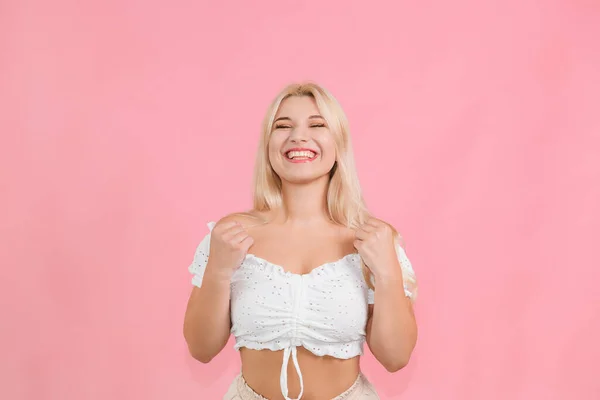 Very Beautiful Young Girl Posing Emotions Pink Background — Zdjęcie stockowe