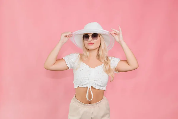 Young Girl White Hat Glasses Poses Pink Background — Photo