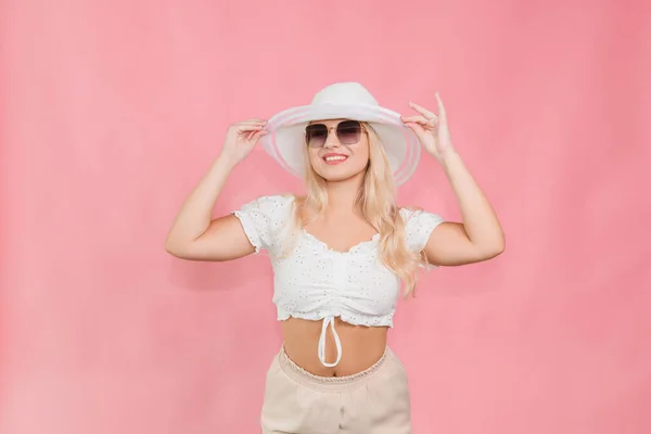 Young Girl White Hat Glasses Poses Pink Background — Photo
