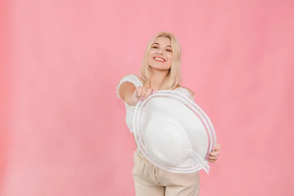 Young Girl White Hat Clothes Posing Pink Background — Stock Fotó