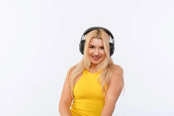 Young Girl Yellow Dress Headphones Posing White Background Emotions Music — Photo
