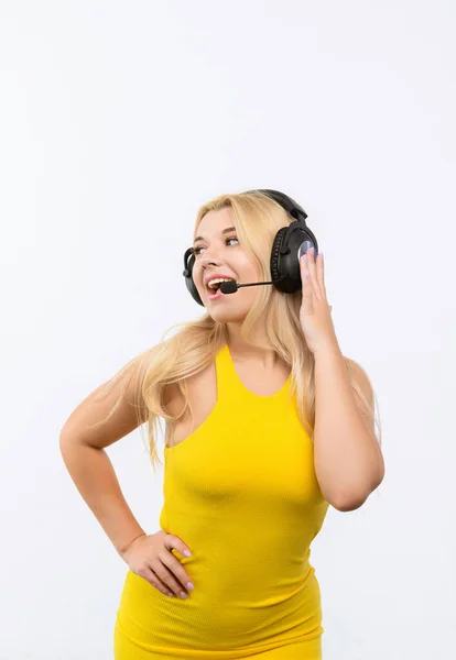 Girl Dispatcher Headphones Microphone White Background — 스톡 사진