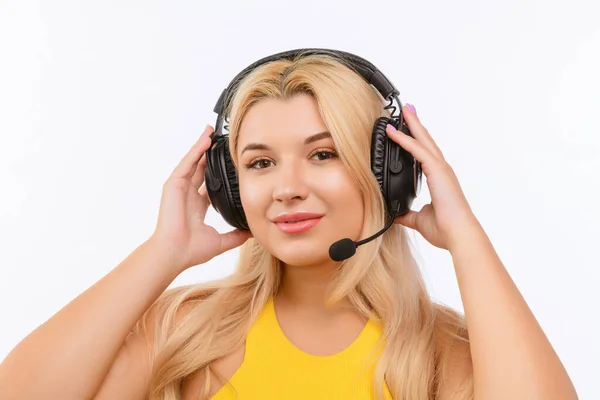 Girl Dispatcher Headphones Microphone White Background — Fotografia de Stock