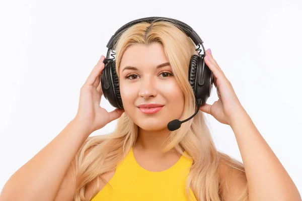 Girl Dispatcher Headphones Microphone White Background — Fotografia de Stock