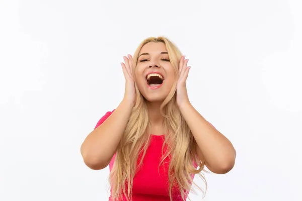 Girl Pink Dress White Background Surprised Shouts — Stock Photo, Image