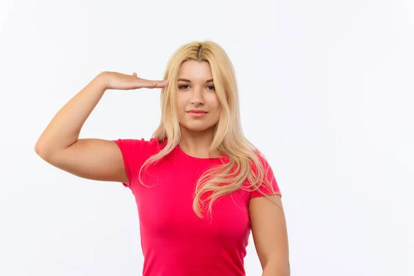Girl Pink Dress White Background Salutes Military — Stok fotoğraf