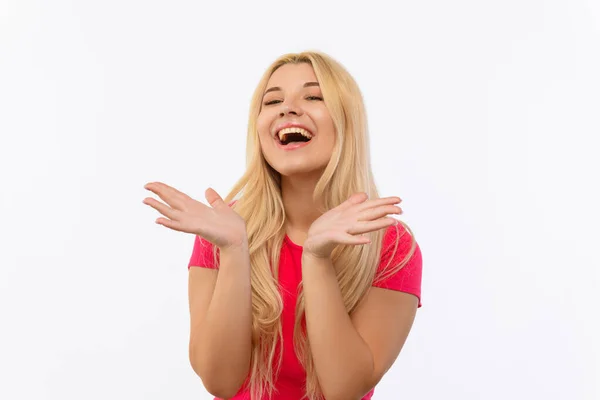 Chica Vestido Rosa Sobre Fondo Blanco Sorpresa Alegría —  Fotos de Stock