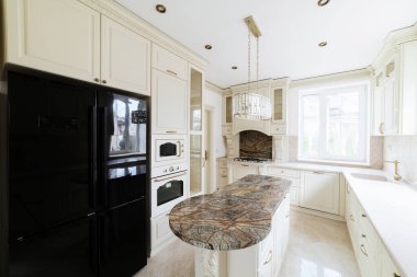 interior design of a modern and stylish bright kitchen in the house