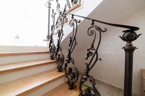 Wooden Stairs Metal Wrought Iron Railings New House — Zdjęcie stockowe