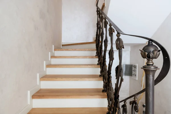 Wooden Stairs Metal Wrought Iron Railings New House — Φωτογραφία Αρχείου