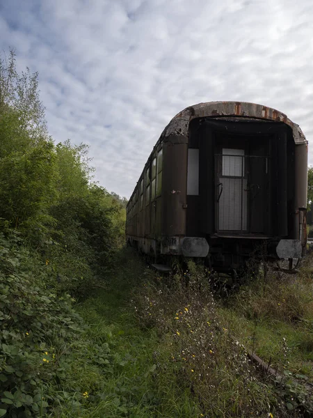 Velho Vagão Abandonado Uma Antiga Ferrovia Coberta Ervas Daninhas — Fotografia de Stock