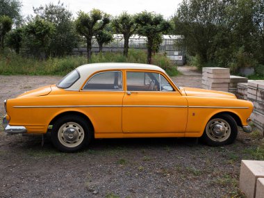 Stekene, Belçika, 25 Eylül 2021, eski turuncu Volvo 122 'lerin krom jant kapaklarıyla yan yana.