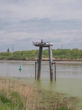 Vertical photo of an aquatic landscape or waterscape of the river Scheldt in Temse, Belgium