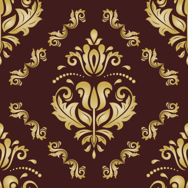 Klasik kusursuz vektör deseni. Damask kahverengi ve altın oryantasyon süsü. Klasik klasik klasik arka plan. Kumaş, duvar kâğıtları ve ambalaj için doğu deseni