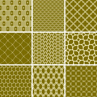 Tasarımlarınız ve arka planlarınız için vektörsüz geometrik desenler seti. Geometrik soyut altın ve beyaz süs. Tekrarlayan elementlerle modern süsler