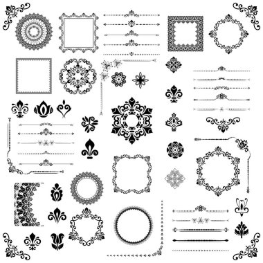 Vintage vektör yatay, kare ve yuvarlak siyah elementler kümesi. Özgeçmiş, çerçeve ve monogram için elementler. Klasik şablonlar. Eski model dizileri
