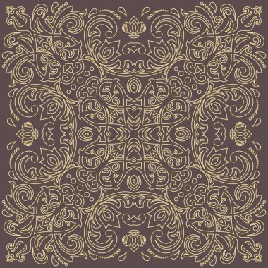 Arabesk ve çiçeklerle süslenmiş doğu vektör süsü. Geleneksel kahverengi ve sarı süs. Arabesk ile klasik desen